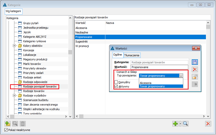 Ustawienie typu powiązania z Comarch e-Sklep na rodzajach powiązań towarów