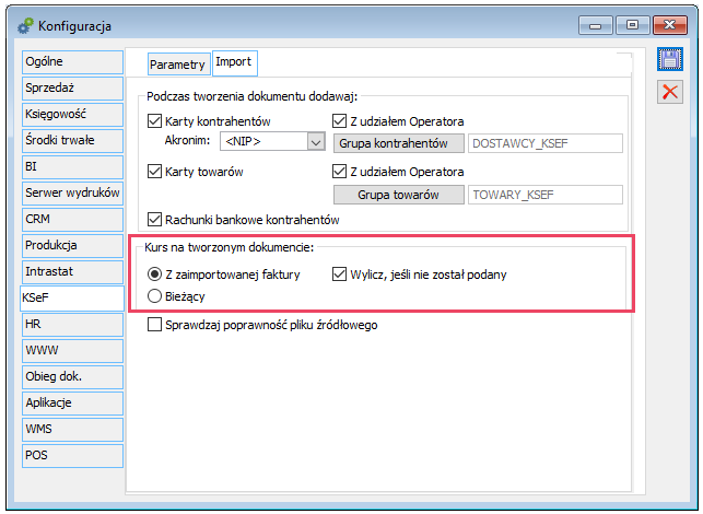 Parametryzacja w zakresie ustalania kursu na dokumencie w walucie obcej
