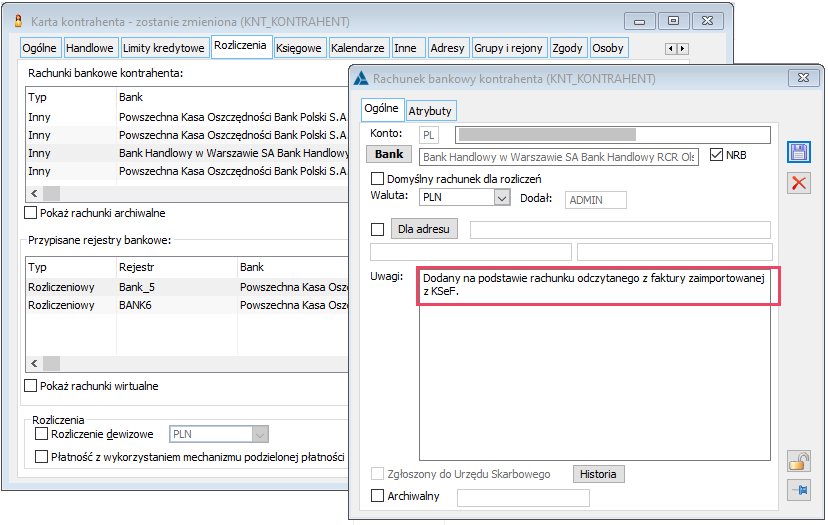 Rachunek bankowy kontrahenta dodany podczas tworzenia FZ na podstawie faktury z KSeF