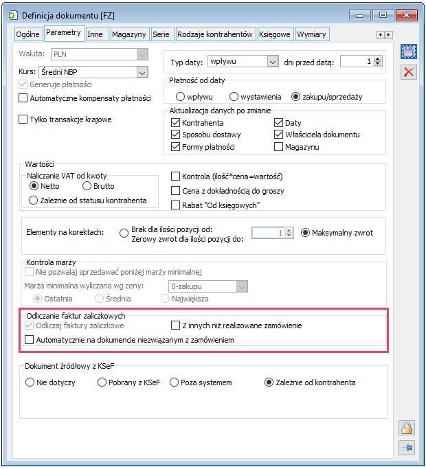 Parametry odliczania faktur zaliczkowych podczas rejestrowania FZ