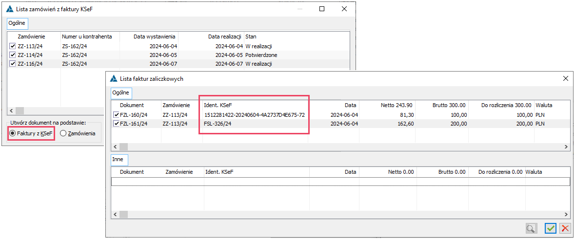Lista faktur zaliczkowych z identyfikatorem KSeF – opcja tworzenia FZ na podstawie Faktury KSeF