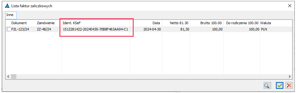 Lista faktur zaliczkowych z identyfikatorem KSeF – Faktury KSeF niezwiązana z zamówieniem