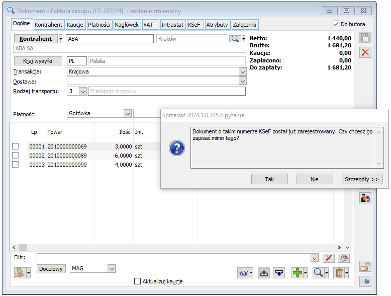 Ostrzeżenie o duplikacji numeru KSeF zapisywanej faktury zakupu
