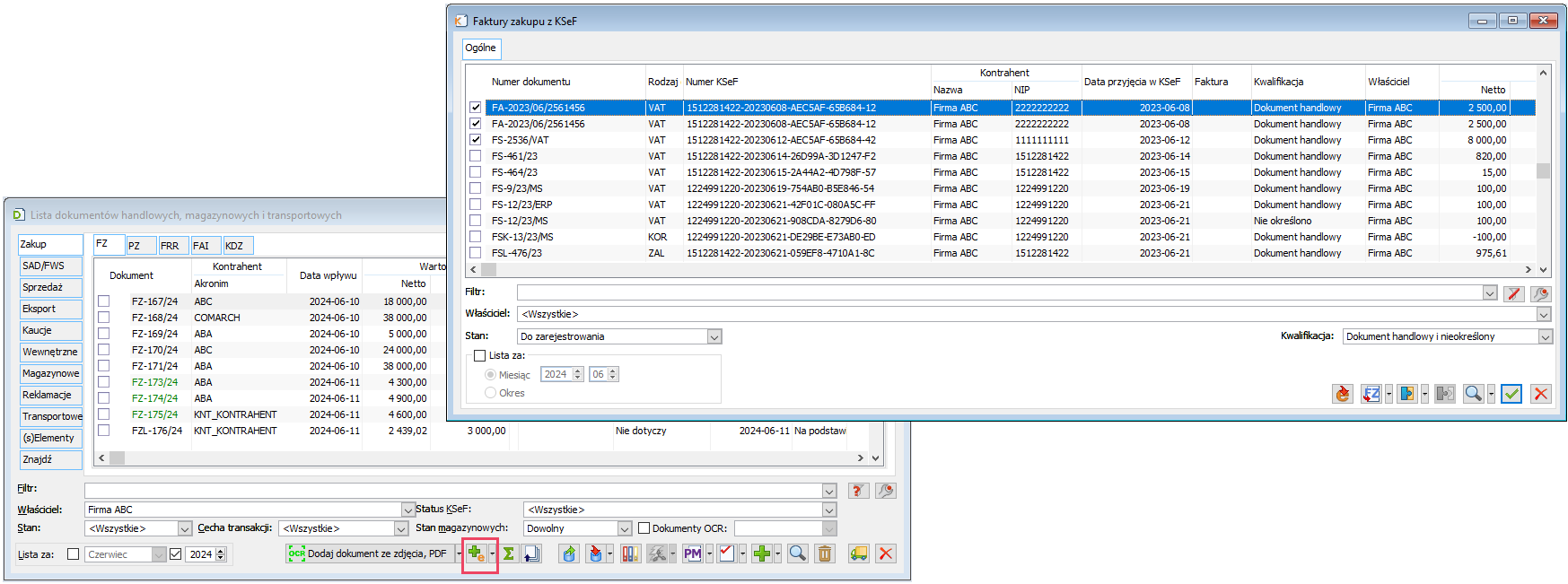 Operacja dodawania FZ na podstawie KSeF dokonywana z listy faktur zakupu