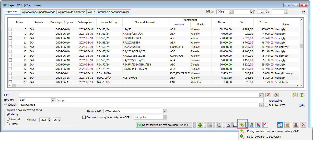 Operacja dodawania (A)FZ na podstawie KSeF dokonywana z Rejestru VAT