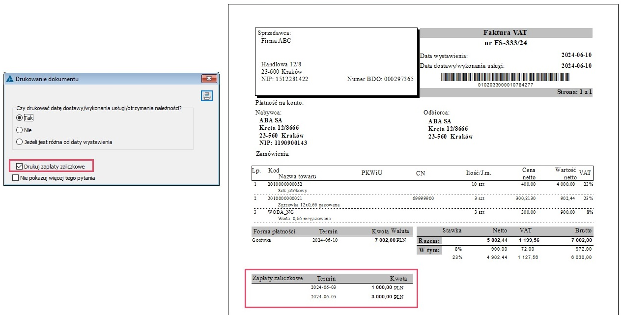 Informacja o wpłatach zaliczkowych na wydruku faktury sprzedaży