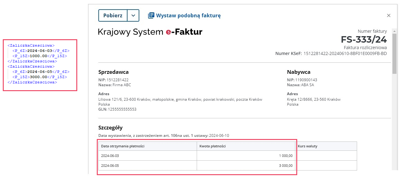 Informacja o wpłatach zaliczkowych wysyłana do KSeF