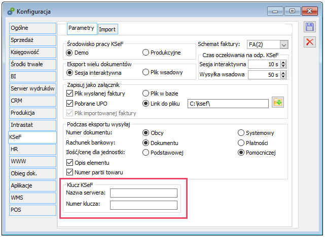 Parametry klucza KSeF w Konfiguracji