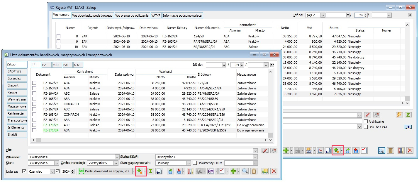 Generowanie FZ na podstawie faktury KSeF z listy faktur zakupu oraz (A)FZ z listy Rejestr VAT