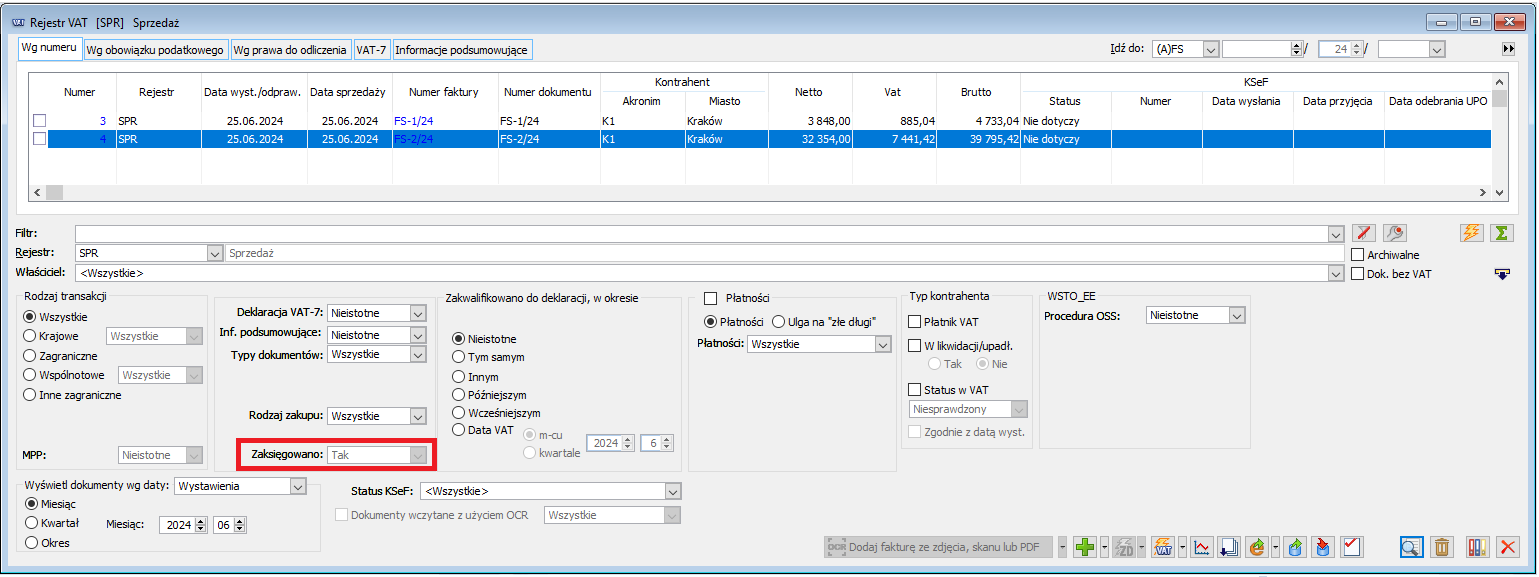 Rejestr VAT Sprzedaż – lista zawężona do dokumentów zaksięgowanych