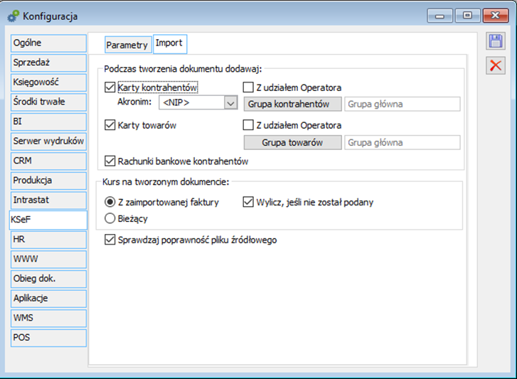 Konfiguracja, zakładka: Import