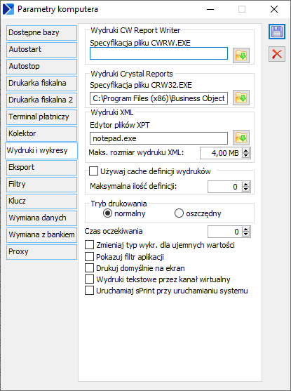 Parametry komputera, zakładka: Wydruki i wykresy