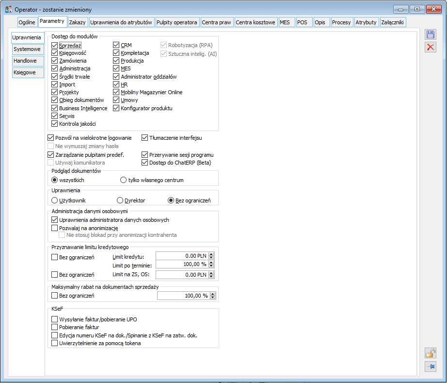 Operator, zakładka: Parametry/Uprawnienia