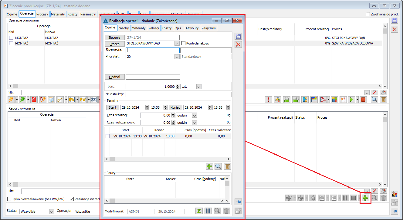 Dodawanie nowej realizacji nietechnologicznej z poziomu zakładki: Operacje na ZP