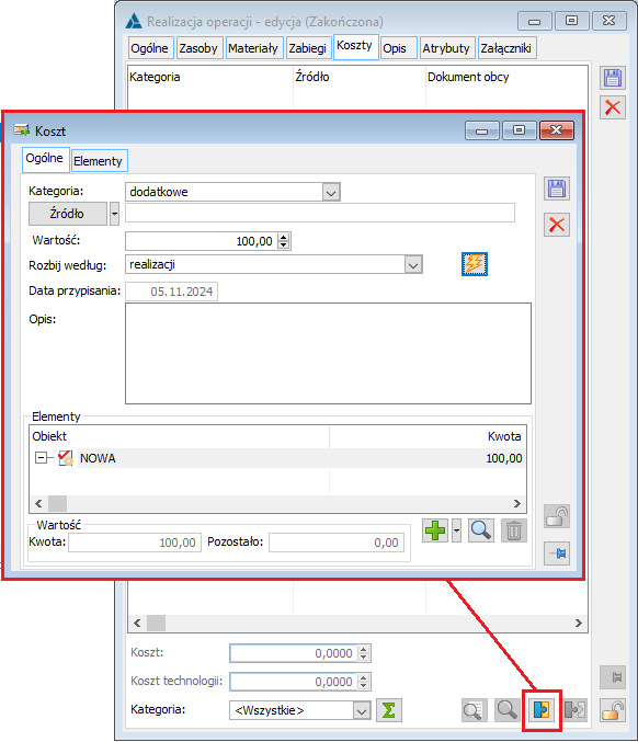 Przypisywanie kosztów dodatkowych z poziomu zakładki Koszty w oknie nietechnologicznej realizacji
