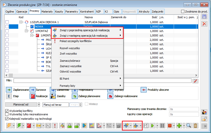 Opcje wiązania nietechnologicznej realizacji z inną operacją/realizacją na ZP, na zakładce: Procesy