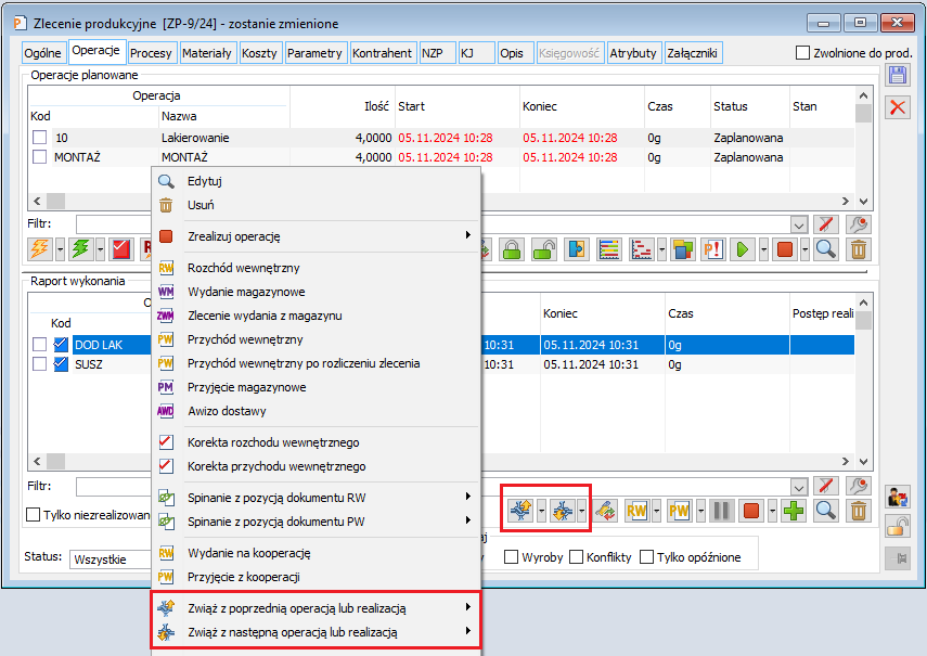 Opcje wiązania nietechnologicznej realizacji z inną operacją/realizacją na ZP, na zakładce: Operacje
