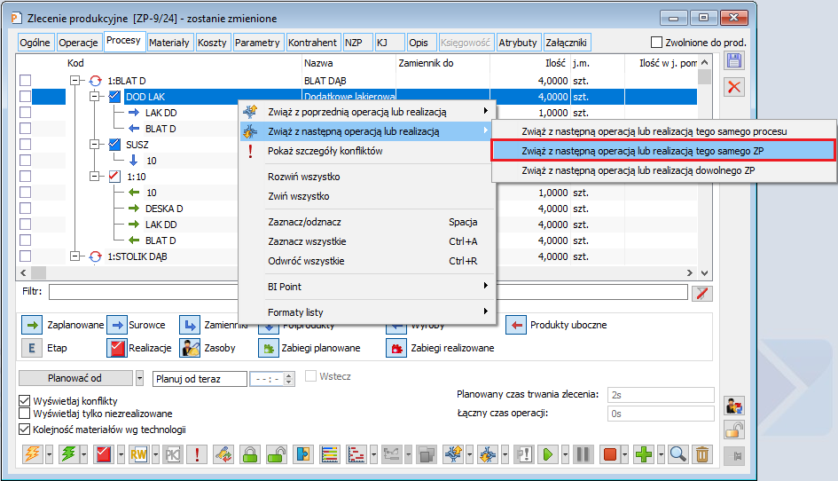 Wybór opcji wiązania realizacji nietechnologicznej z następną operacją tego samego ZP