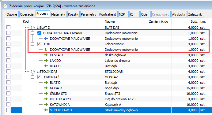 Przykładowe powiązanie „technicznym” półproduktem realizacji nietechnologicznej z operacja planowaną