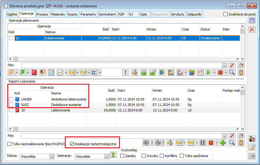 ZP, zakładka: Operacje – filtr: Realizacje nietechnologiczne