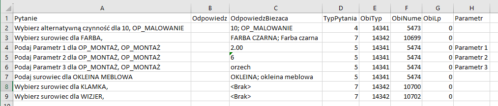 Budowa przykładowego arkusza z wyeksportowanymi pytaniami konfiguracji produktu