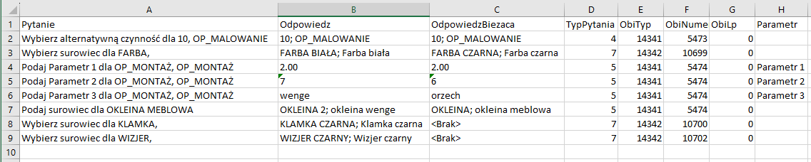 Budowa przykładowego arkusza do importu odpowiedzi konfiguracji produktu