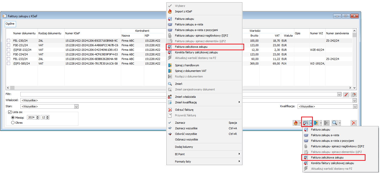 Generowanie FZL na podstawie faktur zaimportowanych z KSeF