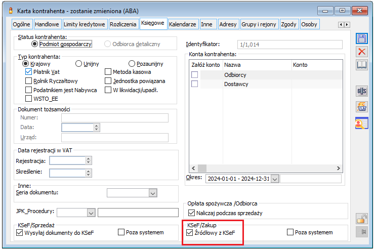 Parametr Źródłowy z KSeF karty kontrahenta
