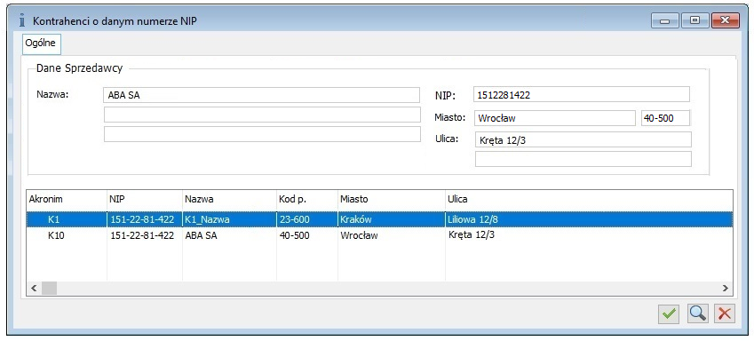 Okno wyboru kontrahenta spośród wielu kontrahentów o danym numerze NIP