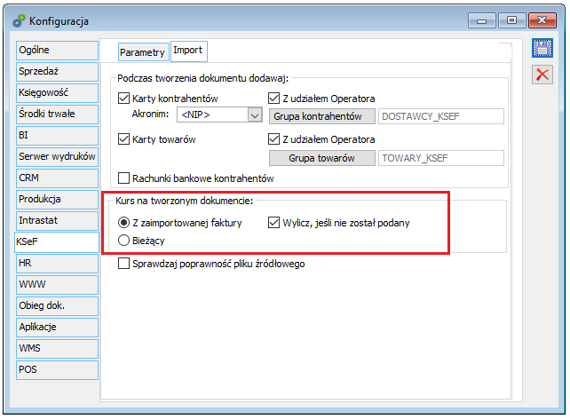 Parametryzacja w zakresie ustalania kursu na dokumencie w walucie obcej