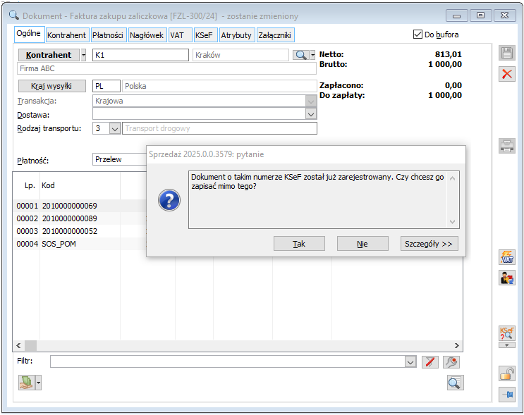 Ostrzeżenie o duplikacji numeru KSeF zapisywanej FZL