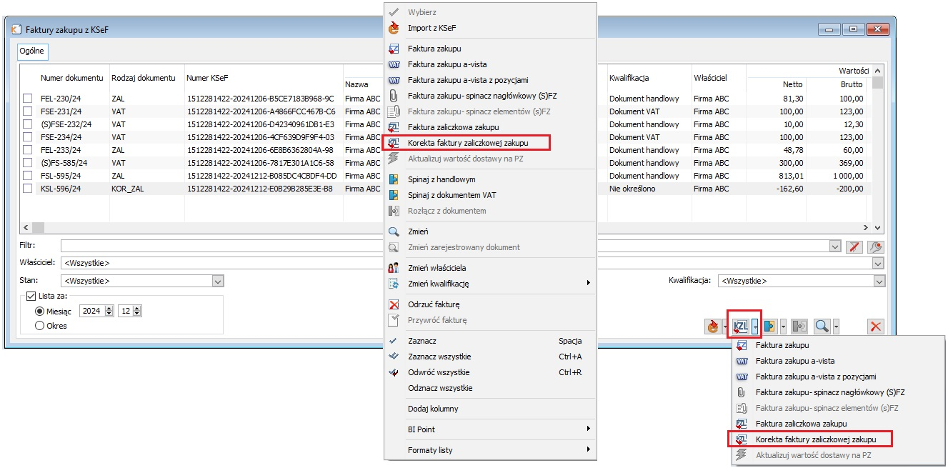 Generowanie KZL na podstawie faktur zaimportowanych z KSeF