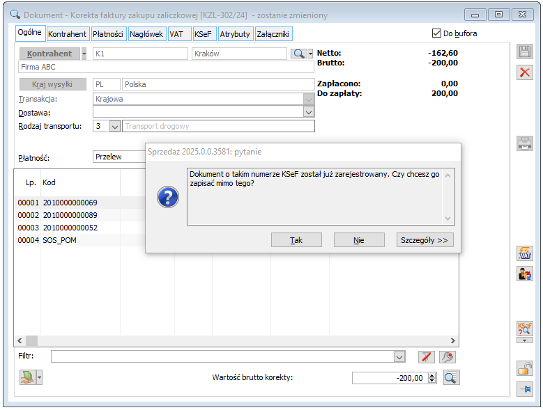 Ostrzeżenie o duplikacji numeru KSeF zapisywanej KZL