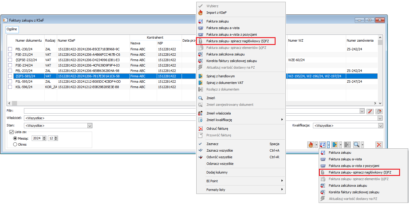 Generowanie (S)FZ na podstawie faktur zaimportowanych z KSeF