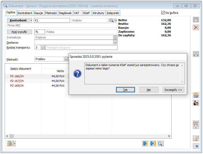 Ostrzeżenie o duplikacji numeru KSeF zapisywanej (S)FZ