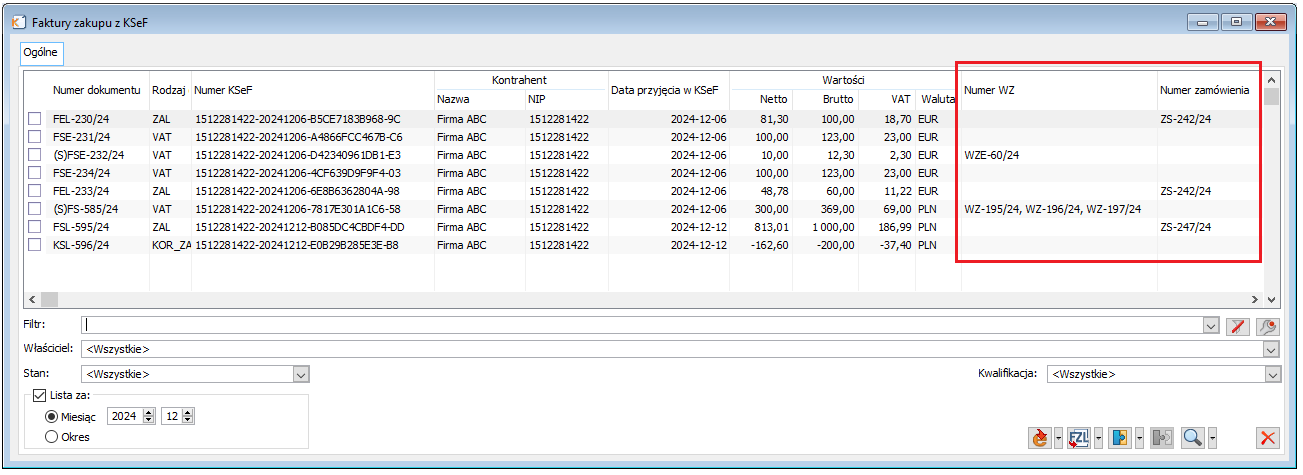 Informacja o dokumentach WZ i zamówieniach związanych z fakturami KSeF
