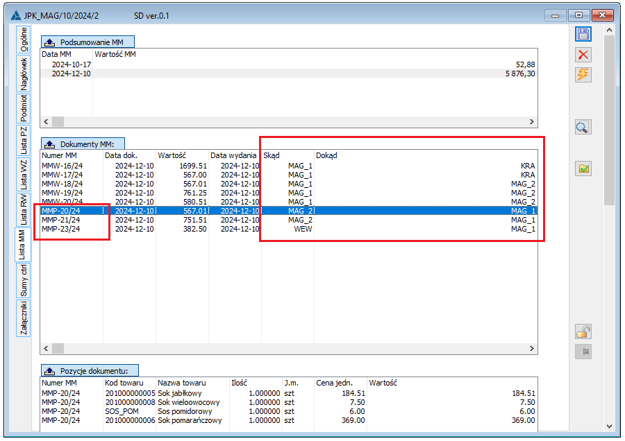 Dokumenty MMP oraz informacja Skąd/Dokąd w JPK_MAG