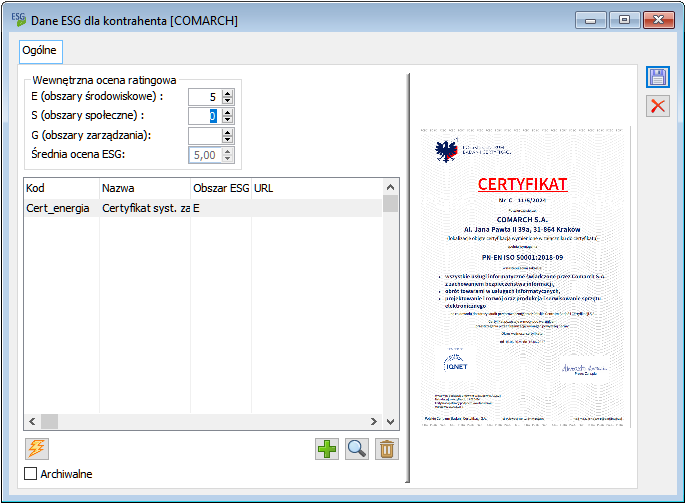 Okno z danymi ESG kontrahenta