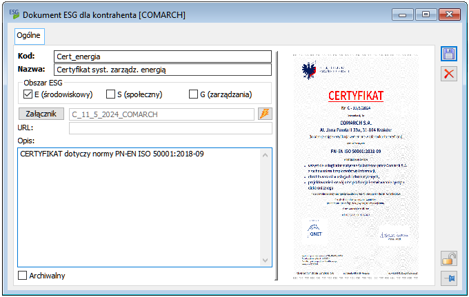 Formularz dokumentu ESG dla kontrahenta