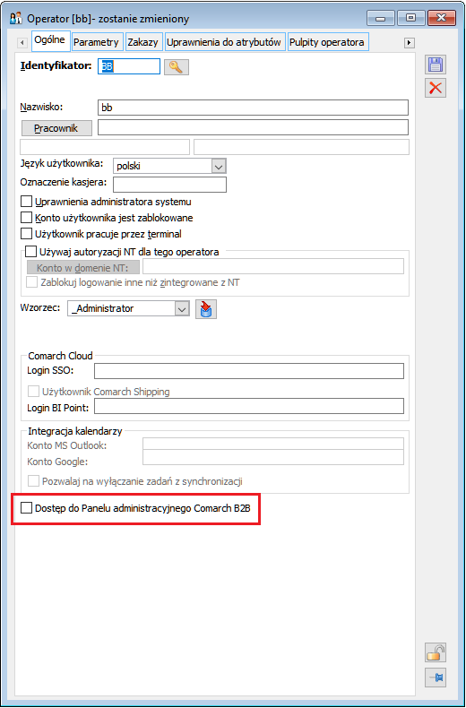 Uprawnienie do Panelu administracyjnego Comarch B2B na karcie operatora