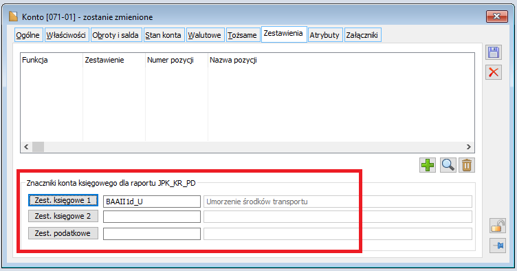 Przyporządkowanie konta do słownika JPK