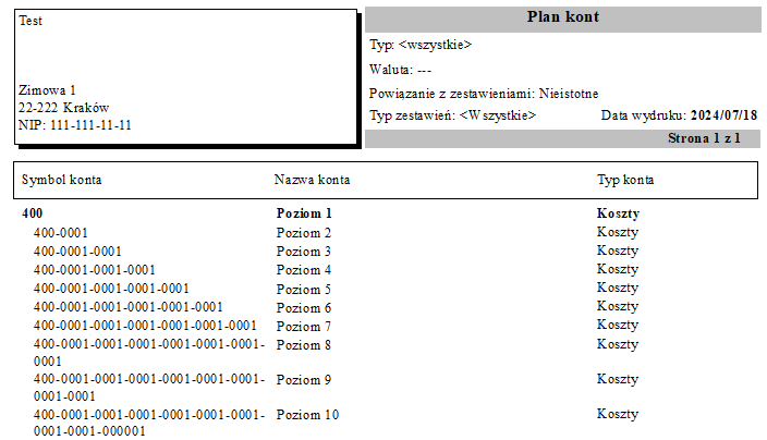 Wydruk planu kont