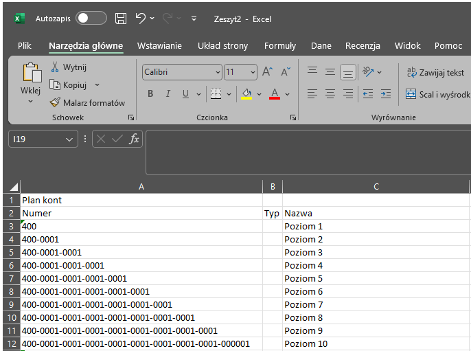 Eksport planu kont do MS Excel