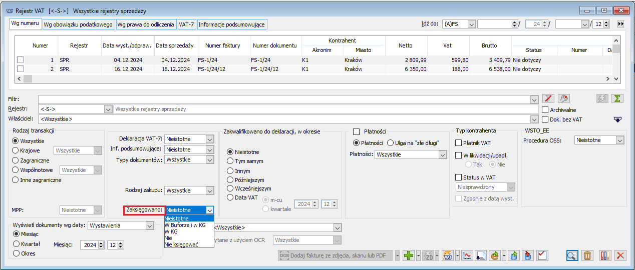 Okno Rejestr VAT, dostępne wartości w filtrze „Zaksięgowano:”