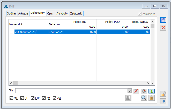Dokument IMT. Zakładka Dokumenty.