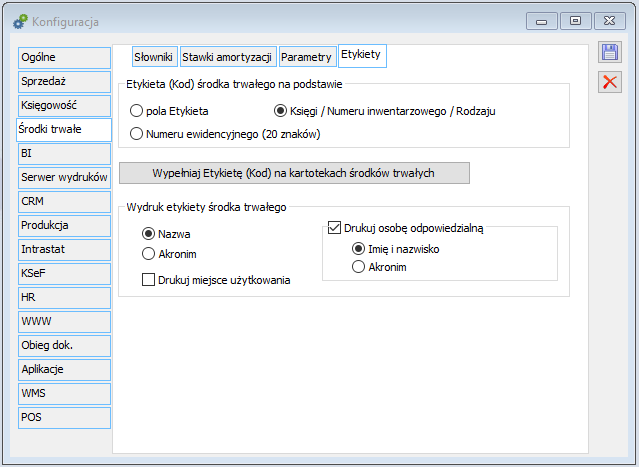 Konfiguracja, zakładka: Środki trwałe/Etykiety.
