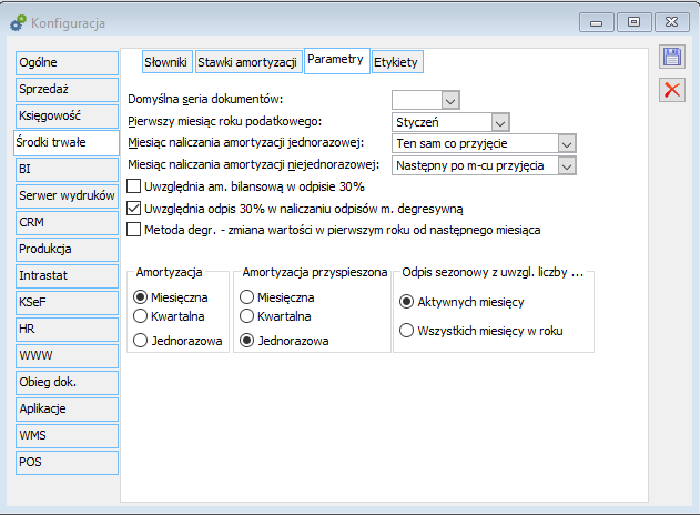 Konfiguracja, zakładka: Środki trwałe/Parametry.