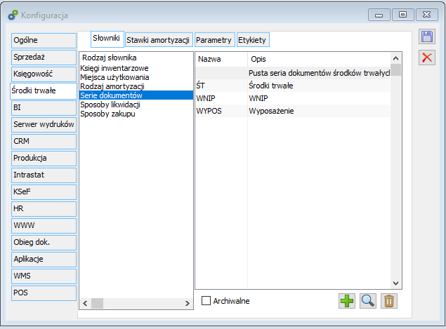 Konfiguracja, zakładka: Środki trwałe/Słowniki.