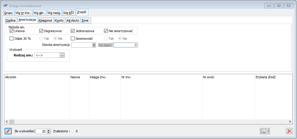 Księga inwentarzowa, zakładka: Znajdź/Amortyzacja.