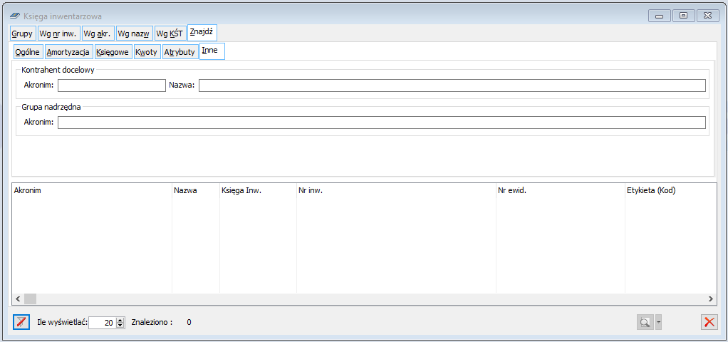 Księga inwentarzowa, zakładka: Znajdź/Inne